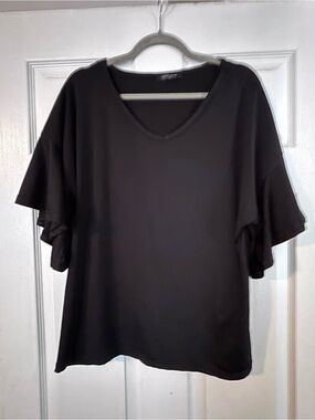 Black V-Neck Ruffle Sleeve Blouse